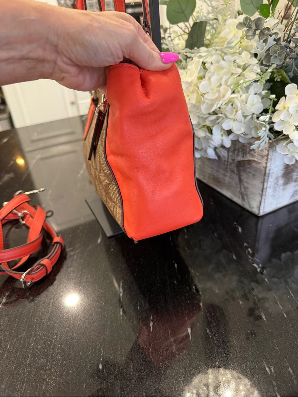 🤎COACH Mini Christie Carryall Signature Coated Canvas Khaki Coral Orange - Picture 9 of 16